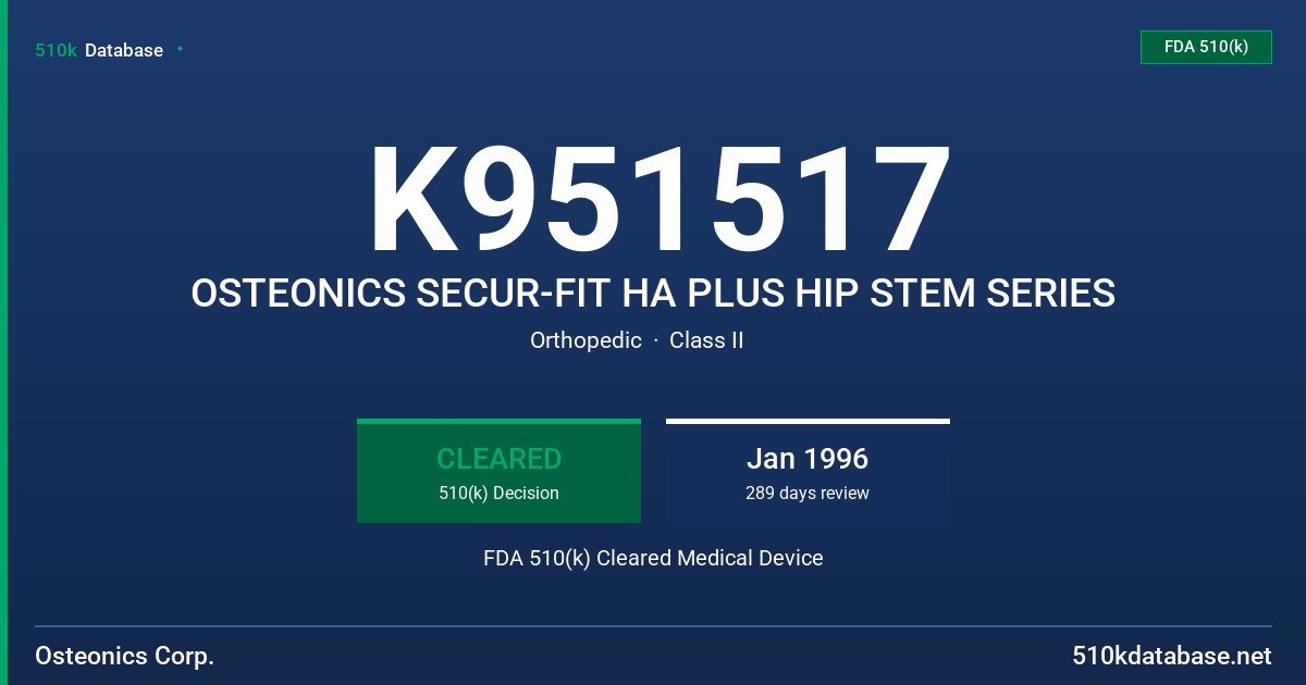 K951517 OSTEONICS SECUR-FIT HA PLUS HIP STEM SERIES FDA 510(k) Cleared Medical Device