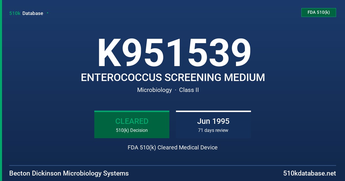 K951539 ENTEROCOCCUS SCREENING MEDIUM FDA 510(k) Cleared Medical Device