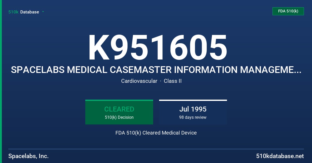 K951605 SPACELABS MEDICAL CASEMASTER INFORMATION MANAGEMENT SYSTEM FDA 510(k) Cleared Medical Device