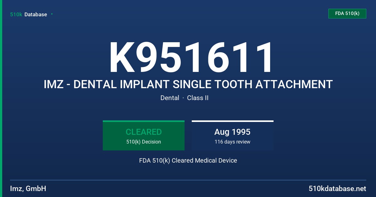 K951611 IMZ - DENTAL IMPLANT SINGLE TOOTH ATTACHMENT FDA 510(k) Cleared Medical Device