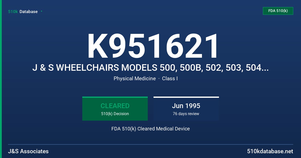 K951621 J & S WHEELCHAIRS MODELS 500, 500B, 502, 503, 504 AND 500T FDA 510(k) Cleared Medical Device