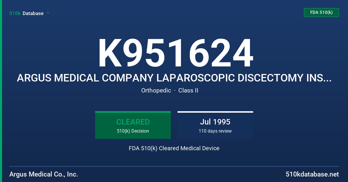 K951624 ARGUS MEDICAL COMPANY LAPAROSCOPIC DISCECTOMY INSTRUMENT SYSTEM FDA 510(k) Cleared Medical Device