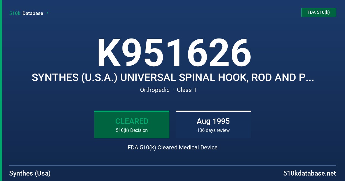 K951626 SYNTHES (U.S.A.) UNIVERSAL SPINAL HOOK, ROD AND PEDICLE/SACRAL SCREW FIXATION SYSTEM FDA 510(k) Cleared Medical Device