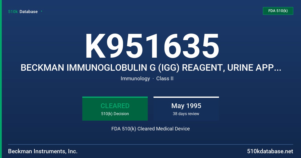 K951635 BECKMAN IMMUNOGLOBULIN G (IGG) REAGENT, URINE APPLICATION, URINE PROTEIN CALIBRATOR, CONTROL FDA 510(k) Cleared Medical Device
