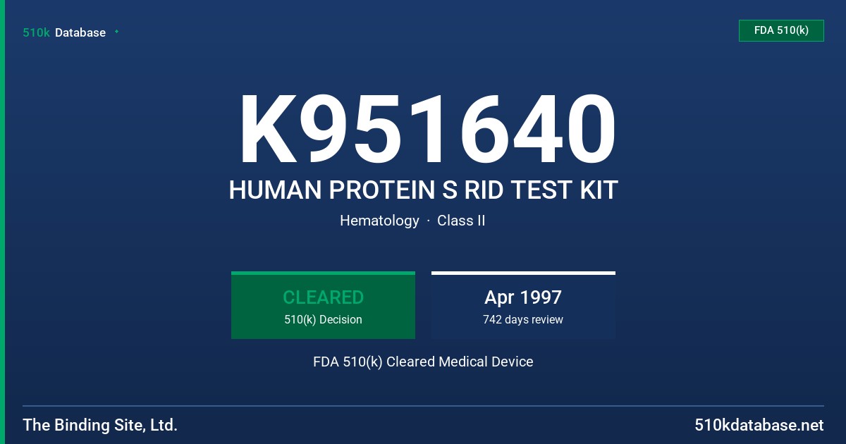 K951640 HUMAN PROTEIN S RID TEST KIT FDA 510(k) Cleared Medical Device