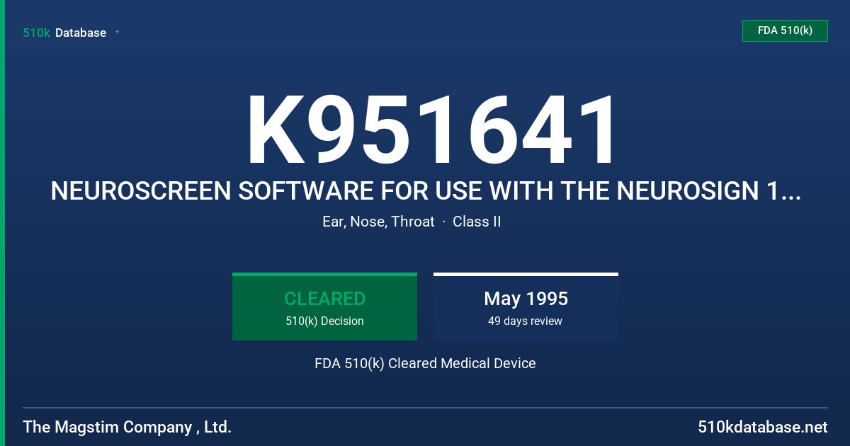 K951641 NEUROSCREEN SOFTWARE FOR USE WITH THE NEUROSIGN 100 NERVE MONITOR FDA 510(k) Cleared Medical Device