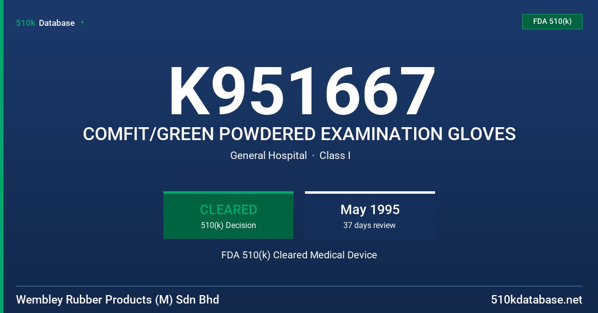 K951667 COMFIT/GREEN POWDERED EXAMINATION GLOVES FDA 510(k) Cleared Medical Device