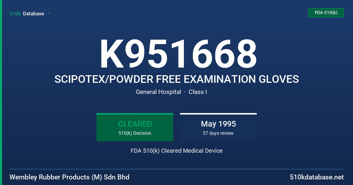 K951668 SCIPOTEX/POWDER FREE EXAMINATION GLOVES FDA 510(k) Cleared Medical Device