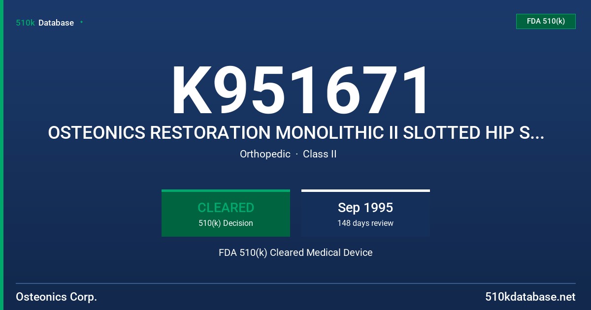 K951671 OSTEONICS RESTORATION MONOLITHIC II SLOTTED HIP STEM SERIES FDA 510(k) Cleared Medical Device
