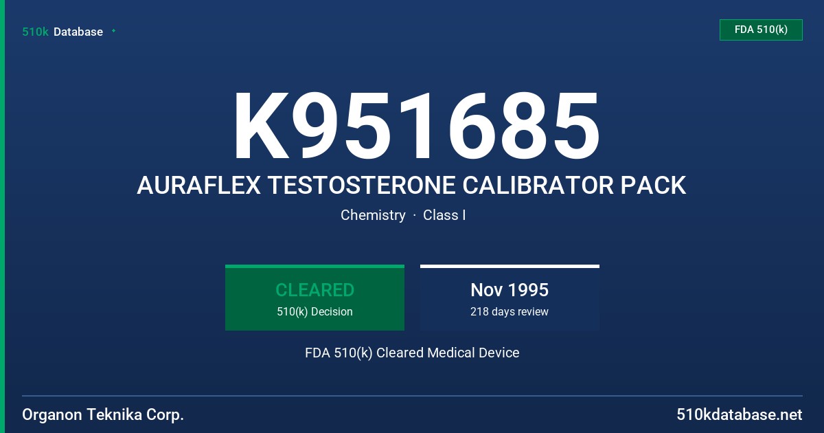 K951685 AURAFLEX TESTOSTERONE CALIBRATOR PACK FDA 510(k) Cleared Medical Device