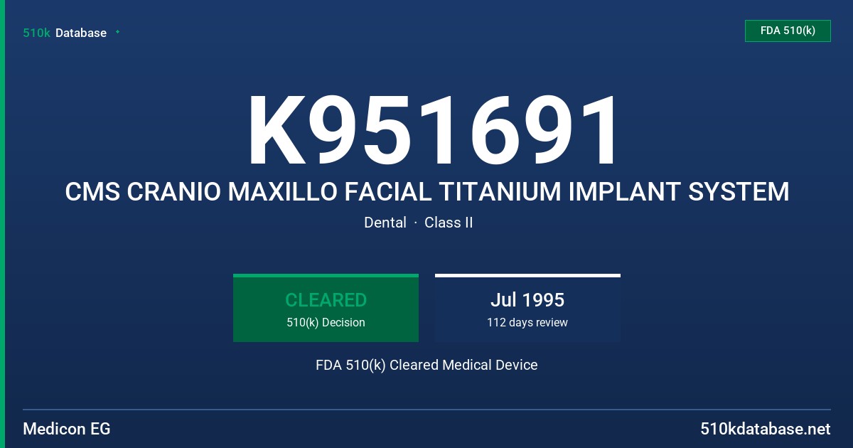 K951691 CMS CRANIO MAXILLO FACIAL TITANIUM IMPLANT SYSTEM FDA 510(k) Cleared Medical Device