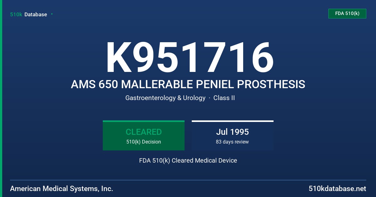 K951716 AMS 650 MALLERABLE PENIEL PROSTHESIS FDA 510(k) Cleared Medical Device