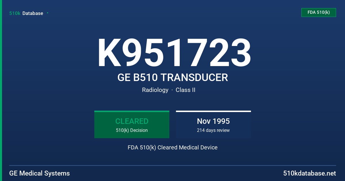 K951723 GE B510 TRANSDUCER FDA 510(k) Cleared Medical Device