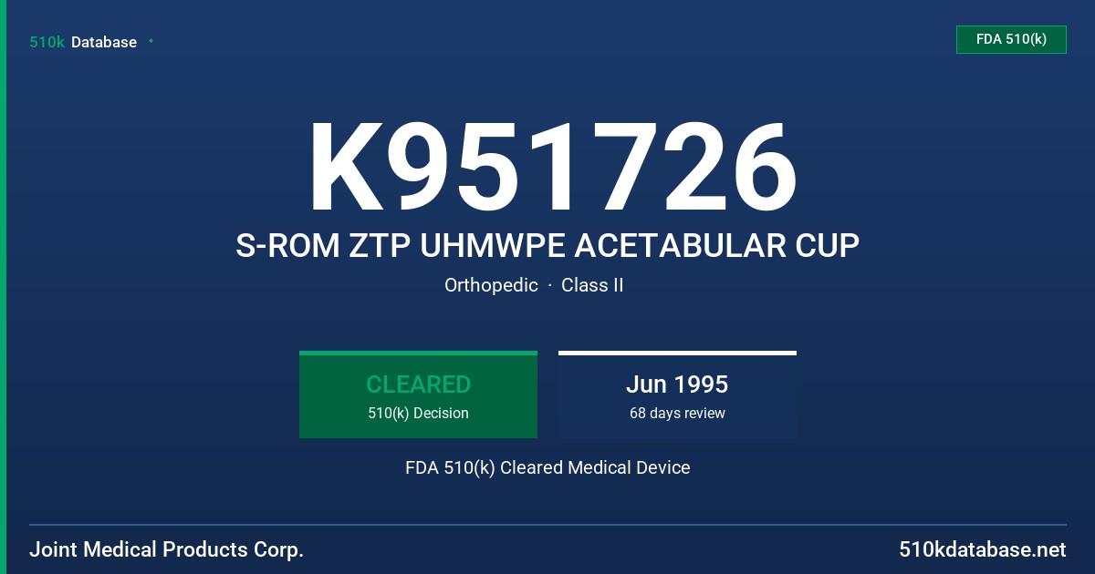 K951726 S-ROM ZTP UHMWPE ACETABULAR CUP FDA 510(k) Cleared Medical Device