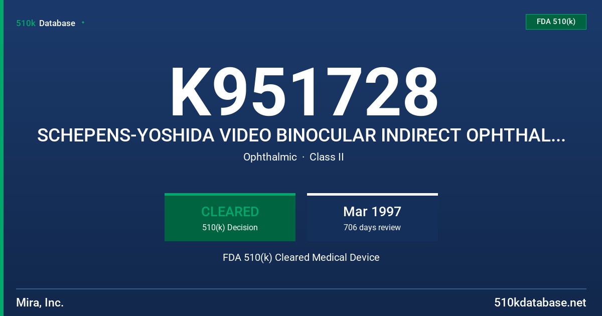 K951728 SCHEPENS-YOSHIDA VIDEO BINOCULAR INDIRECT OPHTHALMSCOPE FDA 510(k) Cleared Medical Device