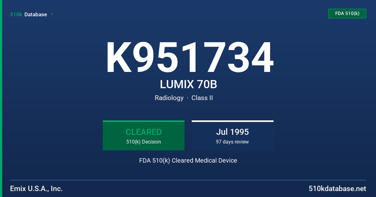 K951734 LUMIX 70B FDA 510(k) Cleared Medical Device