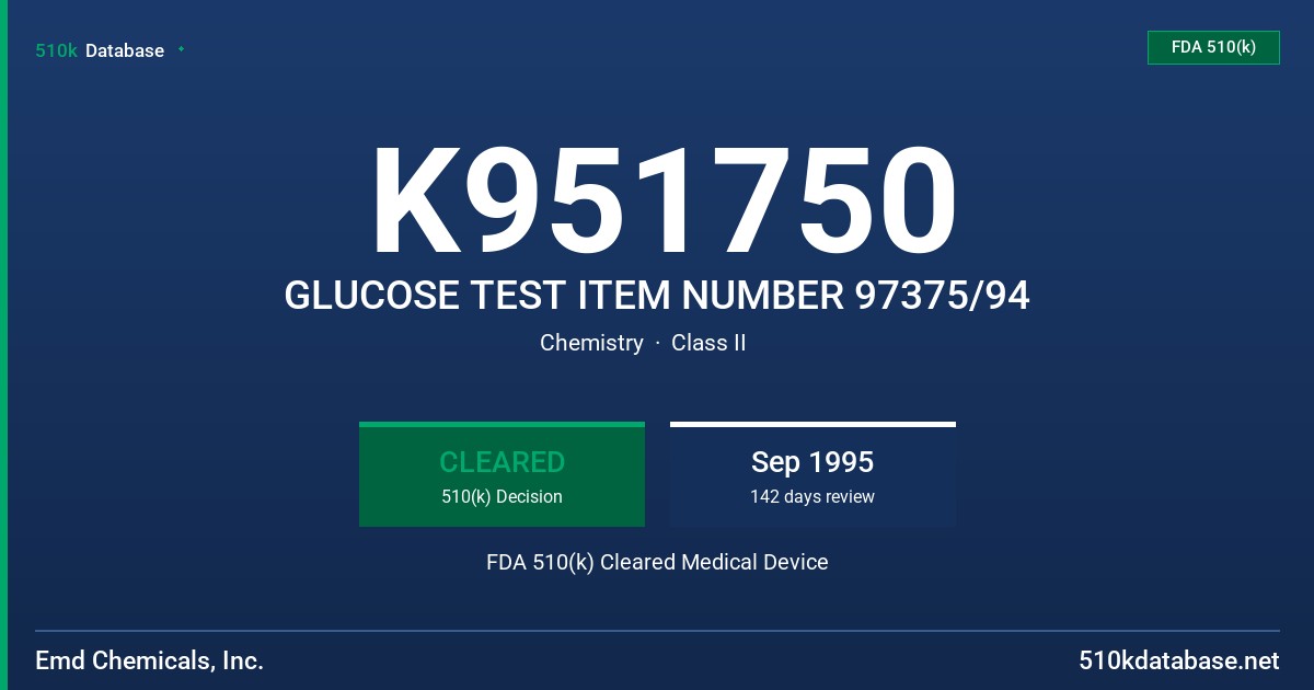 K951750 GLUCOSE TEST ITEM NUMBER 97375/94 FDA 510(k) Cleared Medical Device