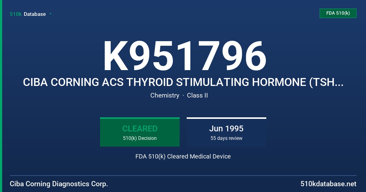K951796 CIBA CORNING ACS THYROID STIMULATING HORMONE (TSH-3) IMMUNOASSAY FDA 510(k) Cleared Medical Device