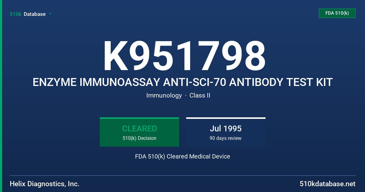 K951798 ENZYME IMMUNOASSAY ANTI-SCI-70 ANTIBODY TEST KIT FDA 510(k) Cleared Medical Device