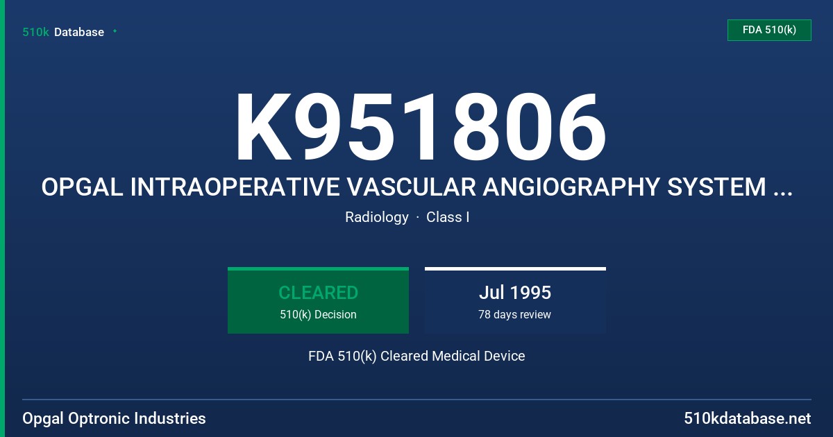 K951806 OPGAL INTRAOPERATIVE VASCULAR ANGIOGRAPHY SYSTEM (IVA-2000) FDA 510(k) Cleared Medical Device