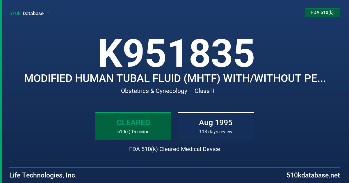 K951835 MODIFIED HUMAN TUBAL FLUID (MHTF) WITH/WITHOUT PENICILLIN G DOLIUM, WITH/WITHOUT STREPTOMYCIN SULFATE FDA 510(k) Cleared Medical Device