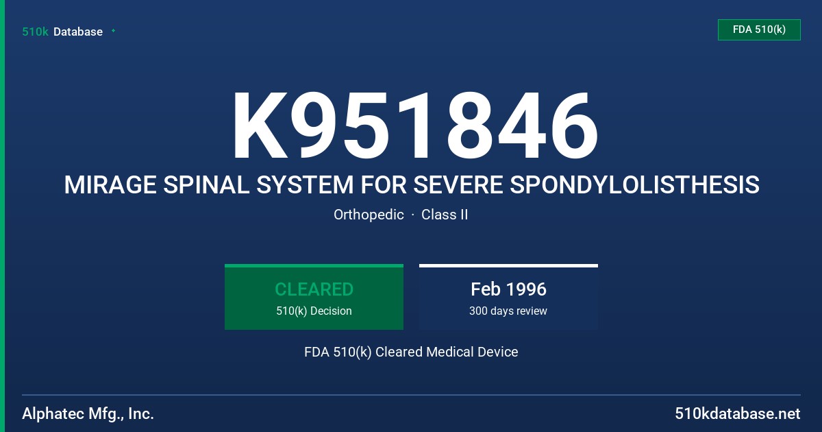 K951846 MIRAGE SPINAL SYSTEM FOR SEVERE SPONDYLOLISTHESIS FDA 510(k) Cleared Medical Device