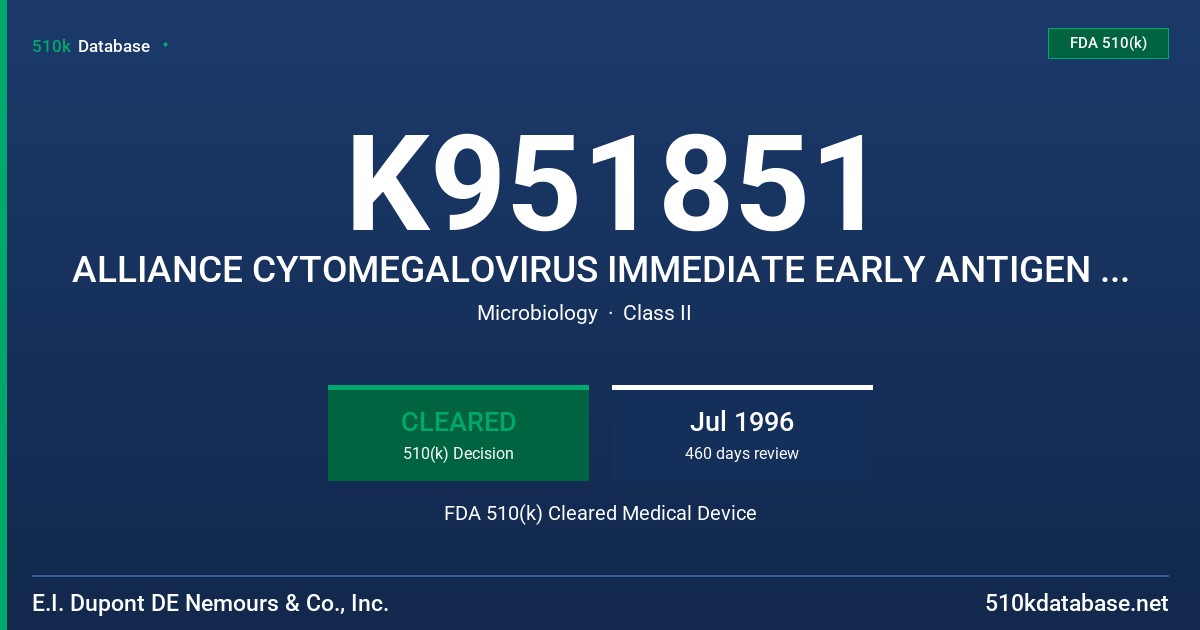 K951851 ALLIANCE CYTOMEGALOVIRUS IMMEDIATE EARLY ANTIGEN DIRECT IMMUNOFLUORESCENCE ASSAY FDA 510(k) Cleared Medical Device