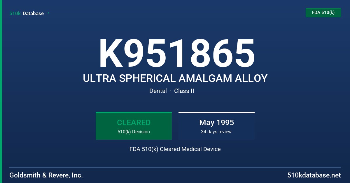 K951865 ULTRA SPHERICAL AMALGAM ALLOY FDA 510(k) Cleared Medical Device