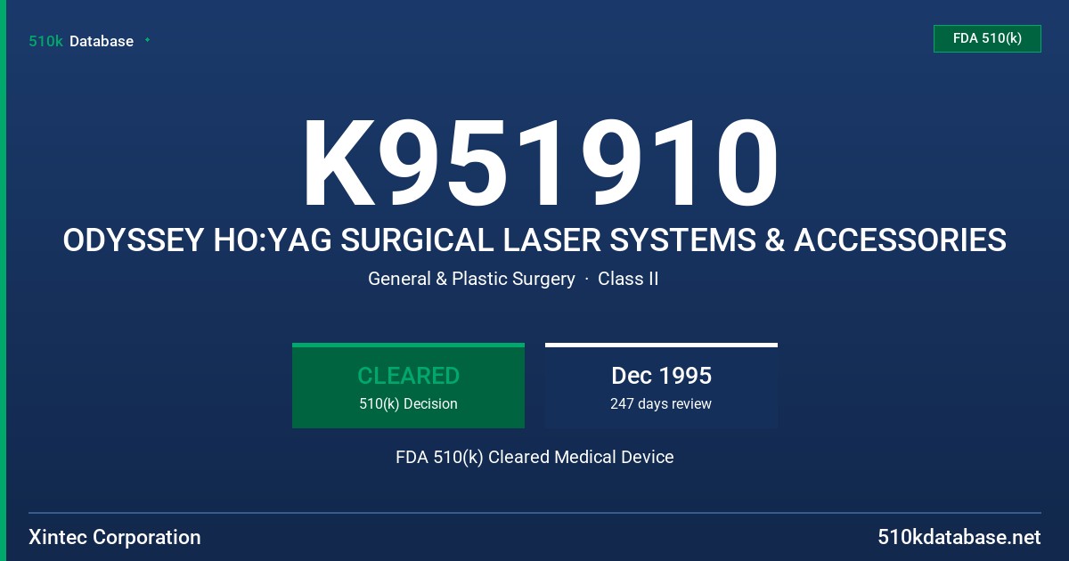 K951910 ODYSSEY HO:YAG SURGICAL LASER SYSTEMS & ACCESSORIES FDA 510(k) Cleared Medical Device