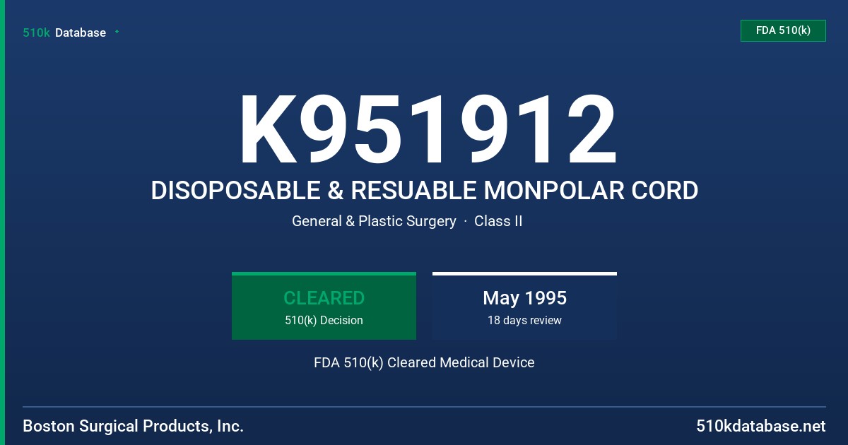 K951912 DISOPOSABLE & RESUABLE MONPOLAR CORD FDA 510(k) Cleared Medical Device