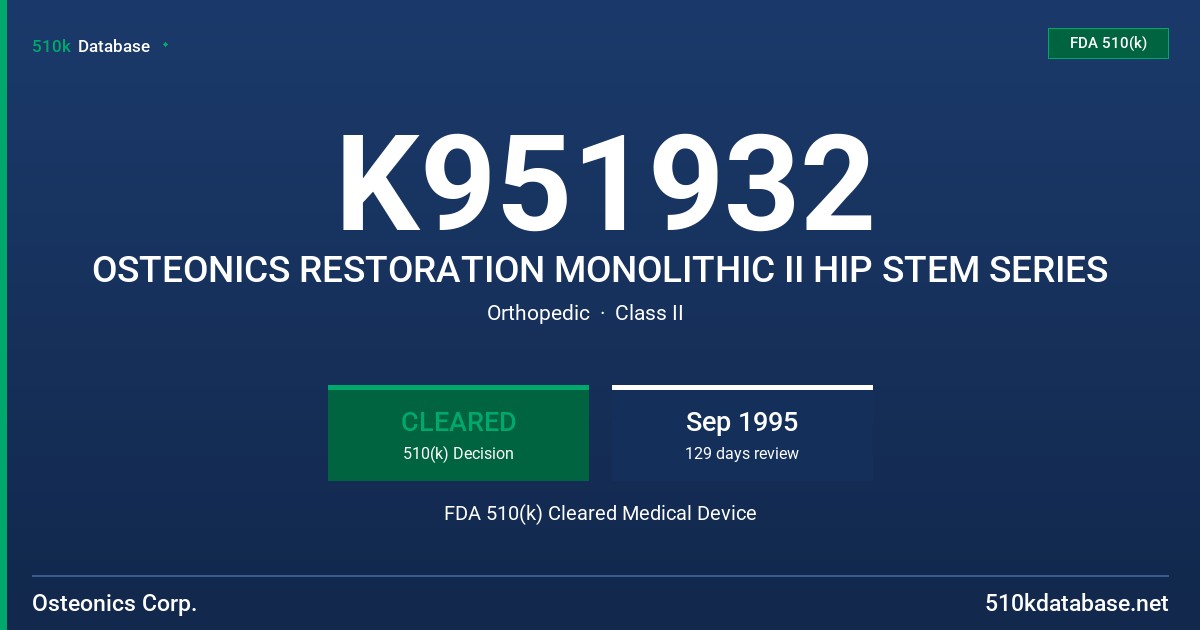 K951932 OSTEONICS RESTORATION MONOLITHIC II HIP STEM SERIES FDA 510(k) Cleared Medical Device