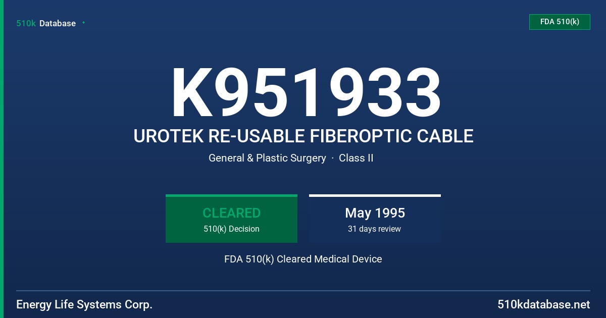 K951933 UROTEK RE-USABLE FIBEROPTIC CABLE FDA 510(k) Cleared Medical Device