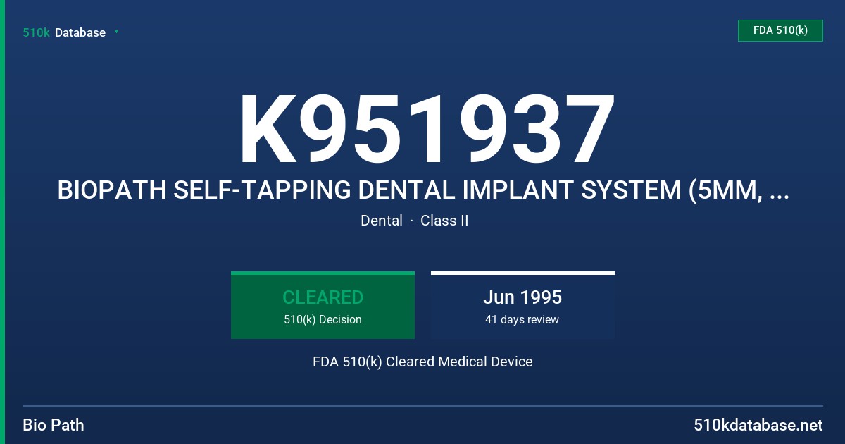 K951937 BIOPATH SELF-TAPPING DENTAL IMPLANT SYSTEM (5MM, 6MM) FDA 510(k) Cleared Medical Device