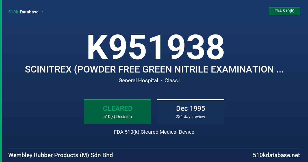 K951938 SCINITREX (POWDER FREE GREEN NITRILE EXAMINATION GLOVES FDA 510(k) Cleared Medical Device