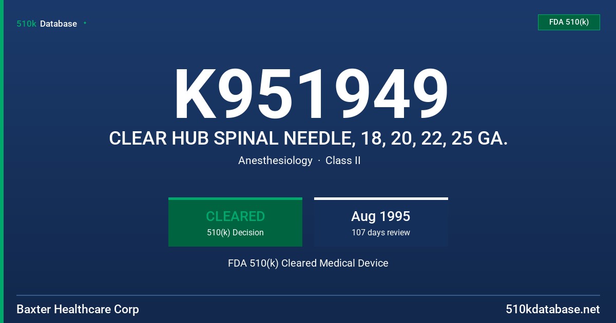 K951949 CLEAR HUB SPINAL NEEDLE, 18, 20, 22, 25 GA. FDA 510(k) Cleared Medical Device