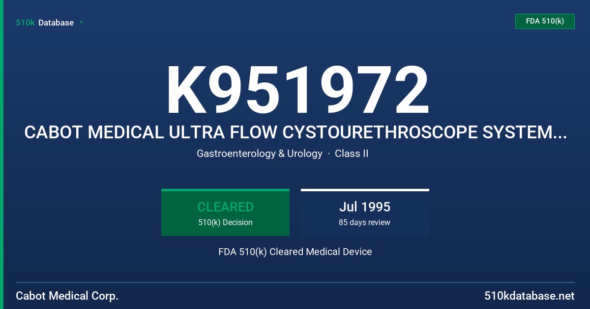 K951972 CABOT MEDICAL ULTRA FLOW CYSTOURETHROSCOPE SYSTEM WITH OPERATING & DIAGNOSTIC SHEATHS FDA 510(k) Cleared Medical Device