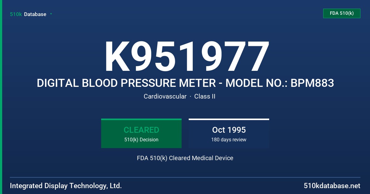 K951977 DIGITAL BLOOD PRESSURE METER - MODEL NO.: BPM883 FDA 510(k) Cleared Medical Device