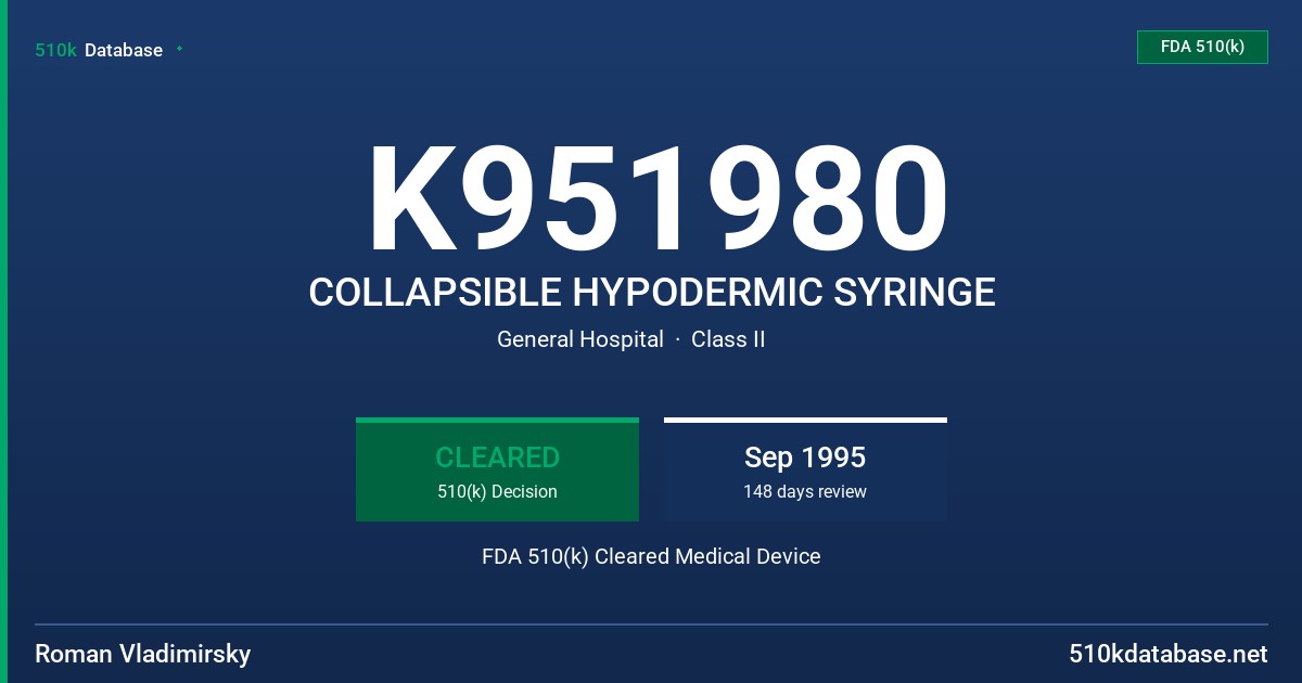 K951980 COLLAPSIBLE HYPODERMIC SYRINGE FDA 510(k) Cleared Medical Device