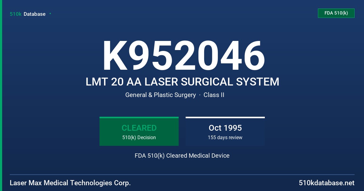 K952046 LMT 20 AA LASER SURGICAL SYSTEM FDA 510(k) Cleared Medical Device