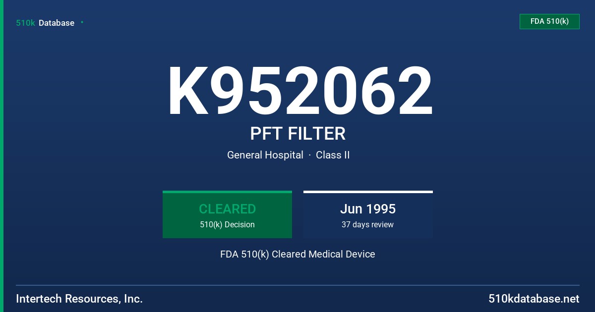 K952062 PFT FILTER FDA 510(k) Cleared Medical Device