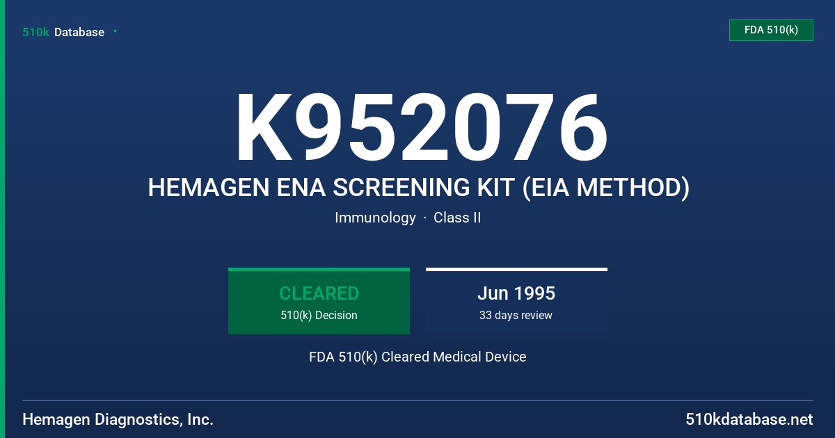 K952076 HEMAGEN ENA SCREENING KIT (EIA METHOD) FDA 510(k) Cleared Medical Device