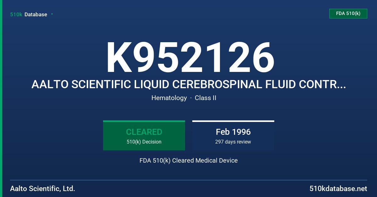K952126 AALTO SCIENTIFIC LIQUID CEREBROSPINAL FLUID CONTROLS LEVELS I AND II FDA 510(k) Cleared Medical Device