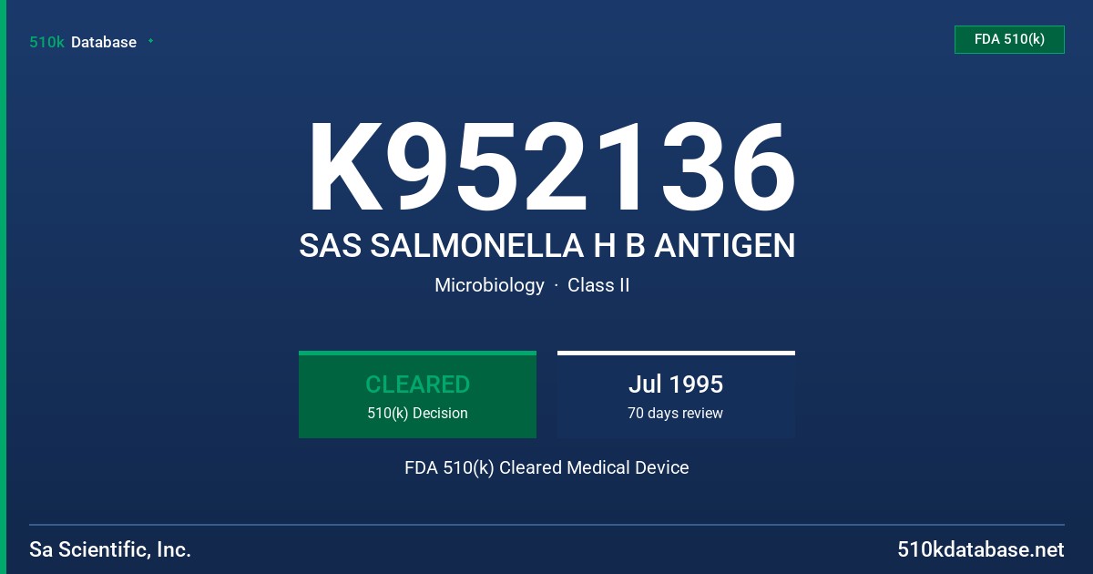 K952136 SAS SALMONELLA H B ANTIGEN FDA 510(k) Cleared Medical Device
