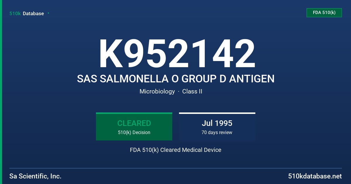 K952142 SAS SALMONELLA O GROUP D ANTIGEN FDA 510(k) Cleared Medical Device
