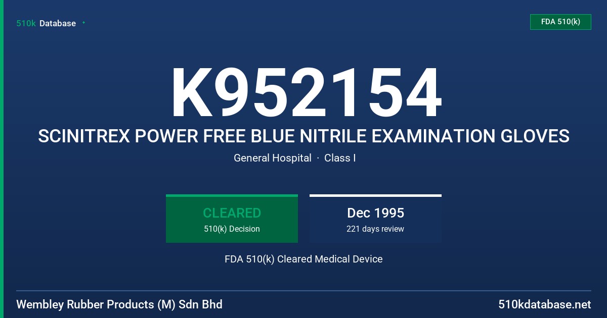 K952154 SCINITREX POWER FREE BLUE NITRILE EXAMINATION GLOVES FDA 510(k) Cleared Medical Device