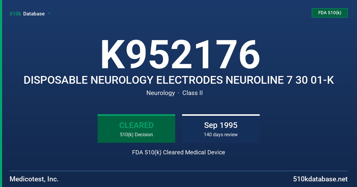 K952176 DISPOSABLE NEUROLOGY ELECTRODES NEUROLINE 7 30 01-K FDA 510(k) Cleared Medical Device