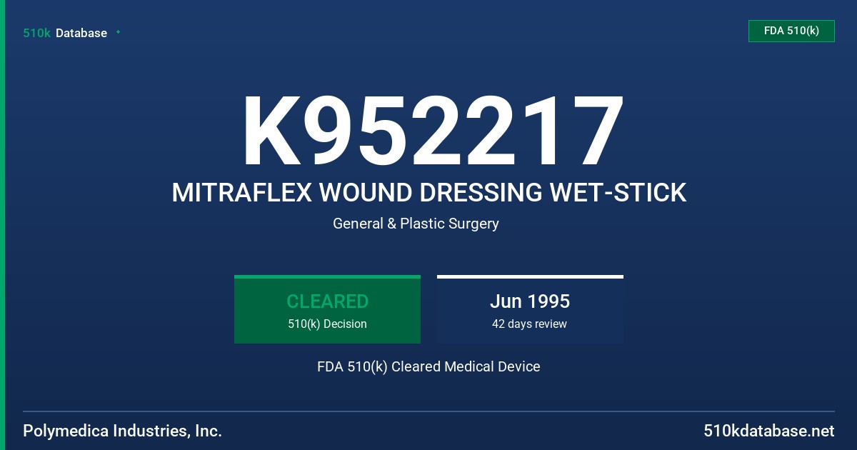 K952217 MITRAFLEX WOUND DRESSING WET-STICK FDA 510(k) Cleared Medical Device