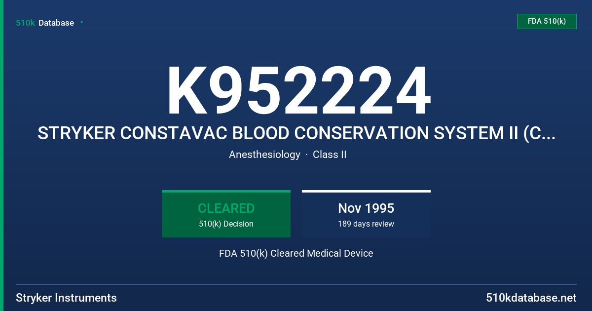 K952224 STRYKER CONSTAVAC BLOOD CONSERVATION SYSTEM II (CBCII) FDA 510(k) Cleared Medical Device