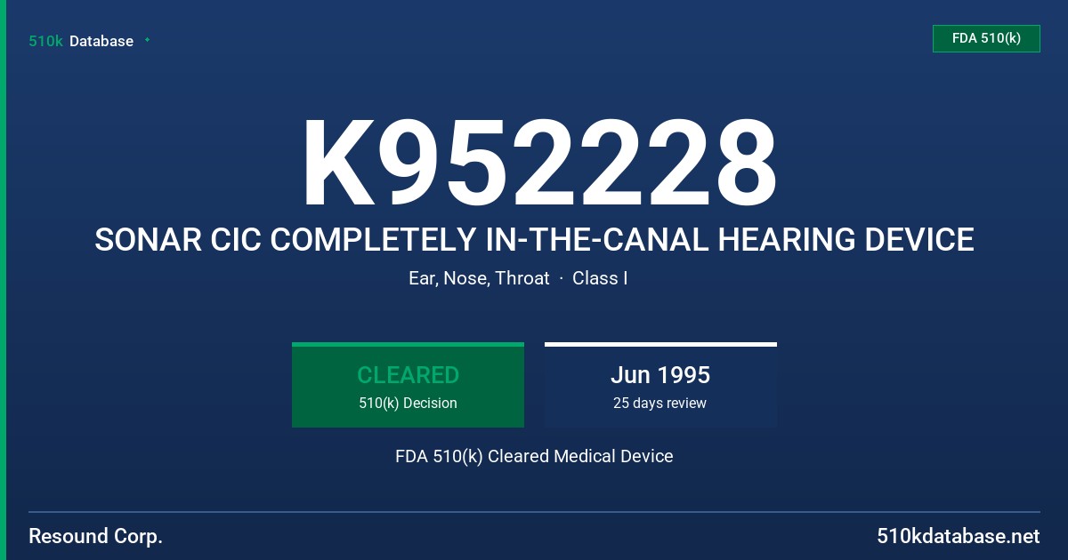 K952228 SONAR CIC COMPLETELY IN-THE-CANAL HEARING DEVICE FDA 510(k) Cleared Medical Device