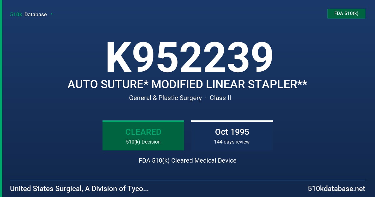 K952239 AUTO SUTURE* MODIFIED LINEAR STAPLER** FDA 510(k) Cleared Medical Device